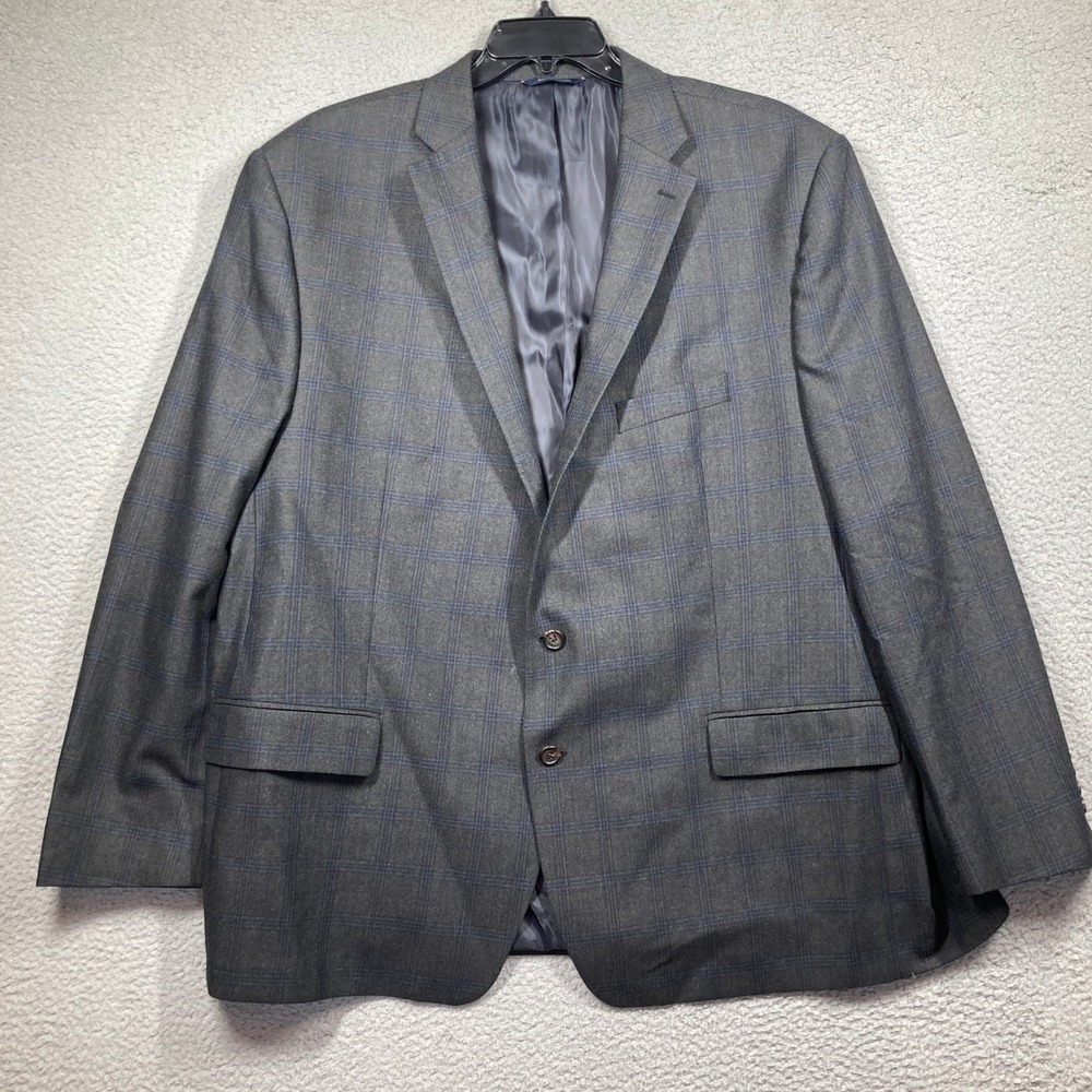 Ralph Lauren Blazer‎ Mens 44R Grey Blue Windowpane Plaid 100% Wool Sport Coat